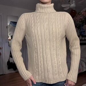 Marsh Landing Amanda Smith Beige Cable Knit Turtleneck Cotton Sweater M